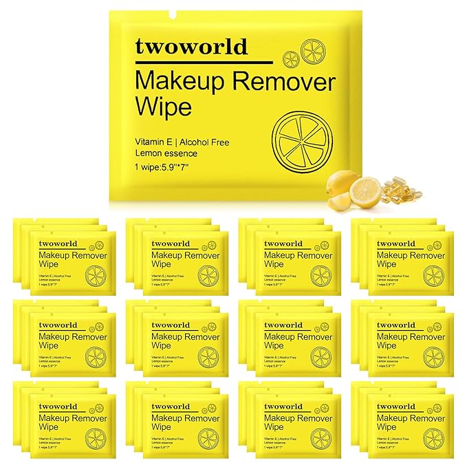 Makeup Remover Wipes Bulk Individually Wrapped,Travel Makeup Wipes Gentle for Face Cleansing Mascara Lipstick Travel Hotel（lemon,pack of 50)