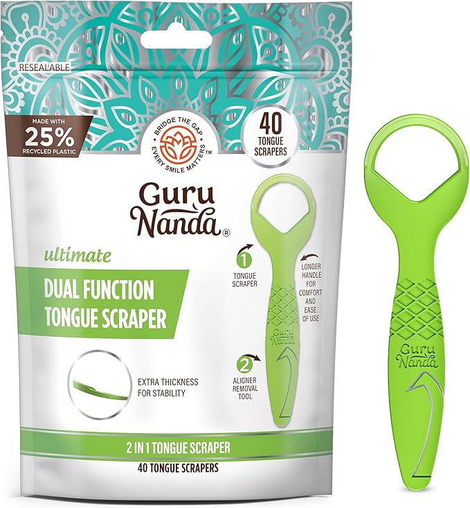 GuruNanda Disposable Tongue Scraper for Adults & Kids, Aligner Removal Tool (40 Ct) Dual-Function, BPA & PFAS-Free, Recyclable, Travel-Friendly, Promotes Fresh Breath, Easy to Use