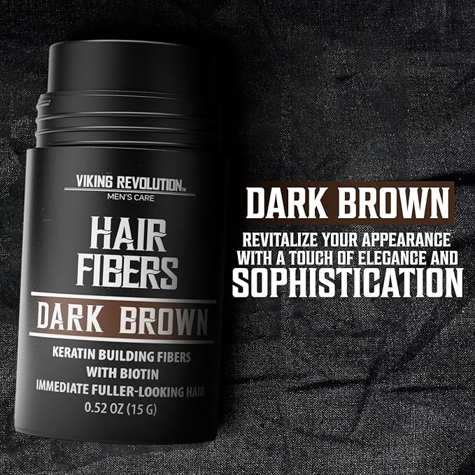 Viking Revolution Dark Brown Hair Fibers for Thinning Hair Men - Thick Fiber for Bald Spot Cover Up - Hair Building Fibers with Kerating and Biotin - Hair Fiber for Men for a Fuller Look (0.52oz)