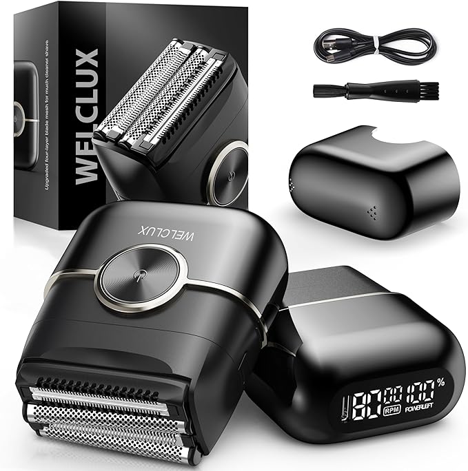 Electric Foil Shavers for Men: Mini Electric Razor with 4 Floating Blades & Big LED Display - Foil Shaver for Men with 2 Gears Adjustable - Face Shaver with IPX7 Waterproof,USB Type C (Deep Black)