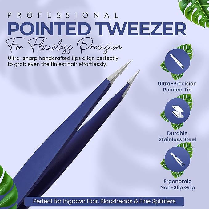 Pointer Stainless Steel Tweezers Women & Men Precision Eyebrow Tweezers for Facial Hair, Fine Tip Strong Grip Professional Tweezer for Eyebrow Shaping, Ingrown Hair & Splinter Removal (Midnight Blue)