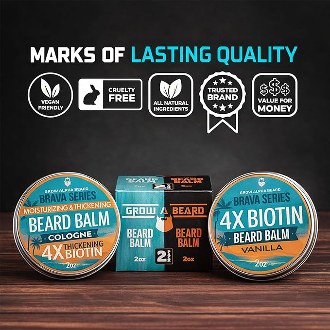 Biotin Beard Balm for Men – Beard Growth & Thickener, Shea Butter Beard Cream & Conditioner, Softening Balm for Fuller Beard & Mustache Growth (4 oz, 2 Pack)