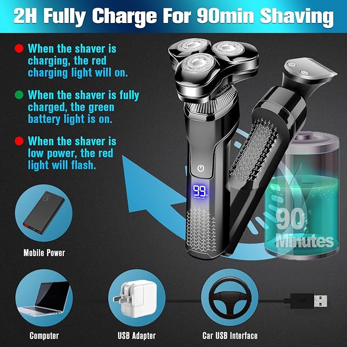 Men's Electric Razor, Upgraded 4D Floating Magnetic Blade Head Rotary Shaver, 3-in-1 Multifunctional for Beard/Nose/Sideburns, IPX7 Waterproof Rechargeable Cordless Shaver, Turbo Speed, Gift for Men