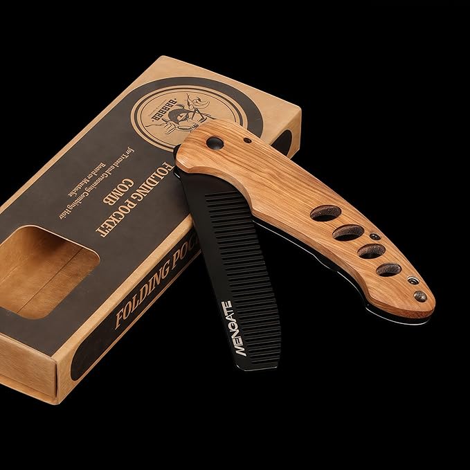 1PC Small Folding Pocket Beard & Mustache & Hair Styling Comb for Men - Metal Tactical Grooming Tool with Wooden Handle for Travel & Home Use - Idea for Stocking Stuffers - Length 6.57inch - Black