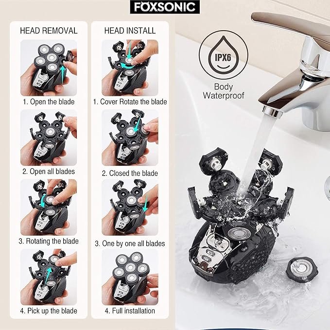 Universal 6 Blade Replacement Heads for Mainstream Shaver Brands, Bald Shaver Replacement Heads with Blade Cover (Black)