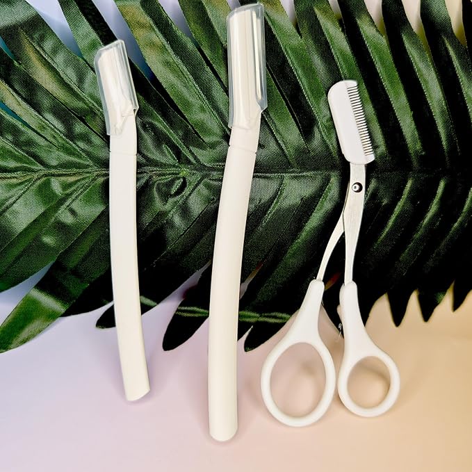 Eyebrow Razors Sets, 2PCS Razor with Protective Cover, 1PCS Scissor, Facial Hairs Peach Fuzz Removal, Face Shavers (White)