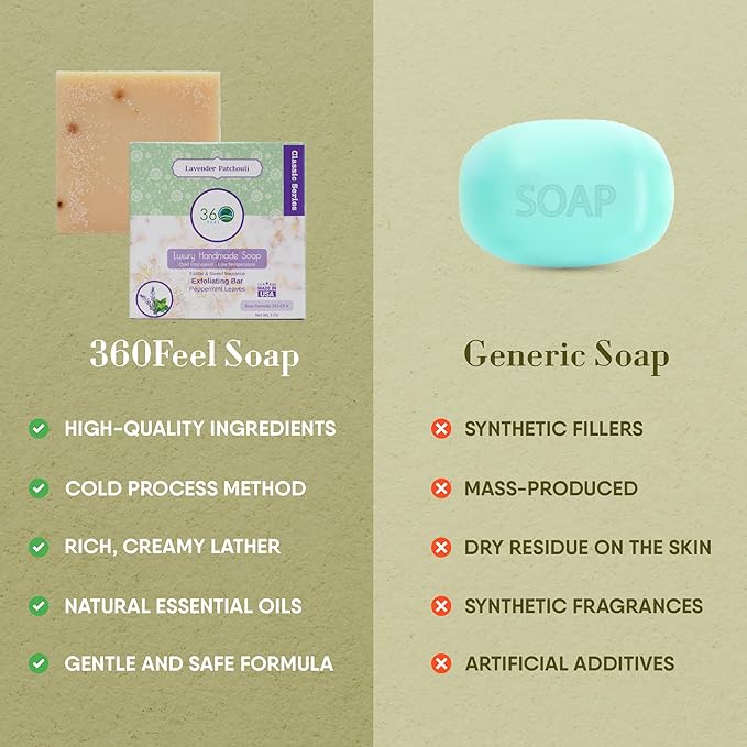 360Feel Lavender Patchouli Soap - Made in the USA - Castile Handmade, All-Natural, Cold-Processed - Infused with Lavender & Patchouli Scent for Relaxation & Calm - Creamy Lather (5 oz)