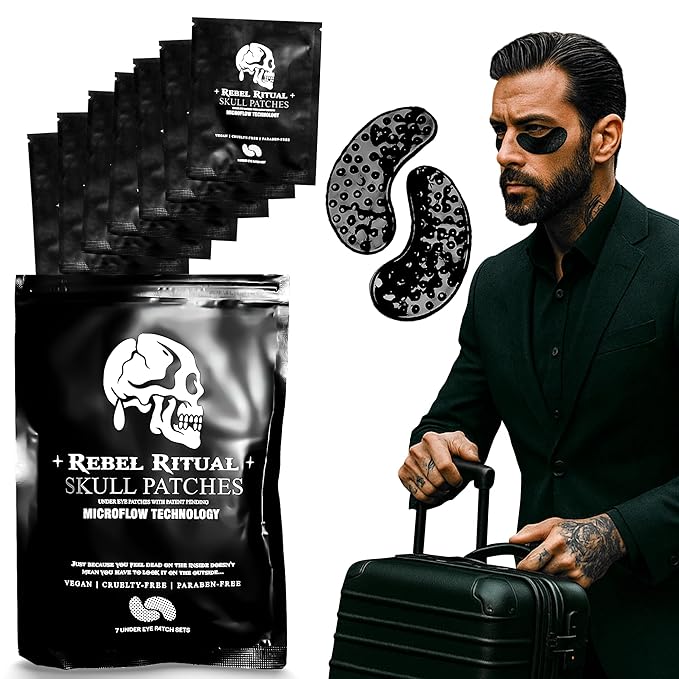 *NEW Under Eye Skull Patches for Men with MicroFlow Tech – Dark Circles, Puffiness & Anti-Aging Eye Mask, Collagen & Vitamin Infused Hydrogel Treatment, No-Slip Cooling Design (7 Pairs)