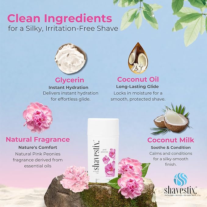 Shavestix Travel Size Shaving Stick 2.75 Oz | Pink Peonies Scented Shave Gel Bar Stocking Stuffers | Moisturizing Hair Removal Cream for Women & Men | Compact Shave Cream for All Skin, Razor Type