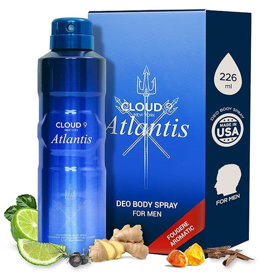 Cloud 9 Atlantis Deo Body Spray for Men 7.64 fl oz – Long Lasting Fresh & Bold Scent with Ginger, Bergamot & Juniper – Ideal For Work,Travel, Social Events,Gym & Outdoor Activities - All Day Freshness