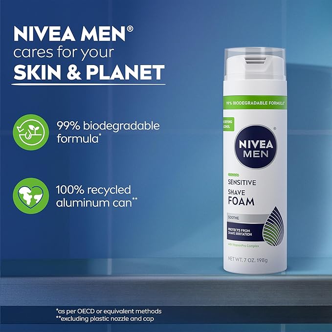 NIVEA MEN Sensitive Shave Foam with Vitamin E, Soothing Chamomile and Witch Hazel Extracts, 6 Pack of 7 Oz Cans