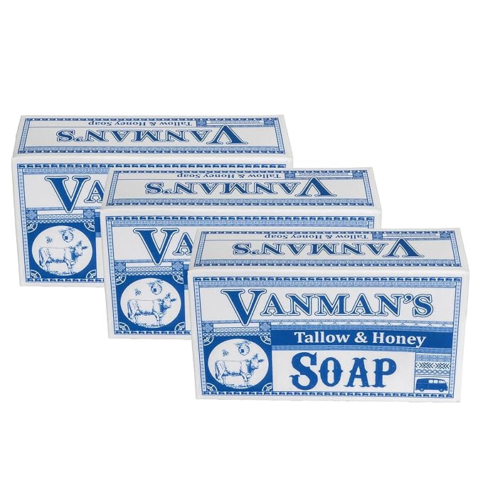 VanMan Beef Tallow and Honey Bar Soap – Pure Grass-Fed Beef Tallow for Skin with Organic Madagascar Vanilla Beans, Raw Honey & Distilled Water, Hydrating & Nourishing, Vanilla Scent, 3.8oz - 3 Pack