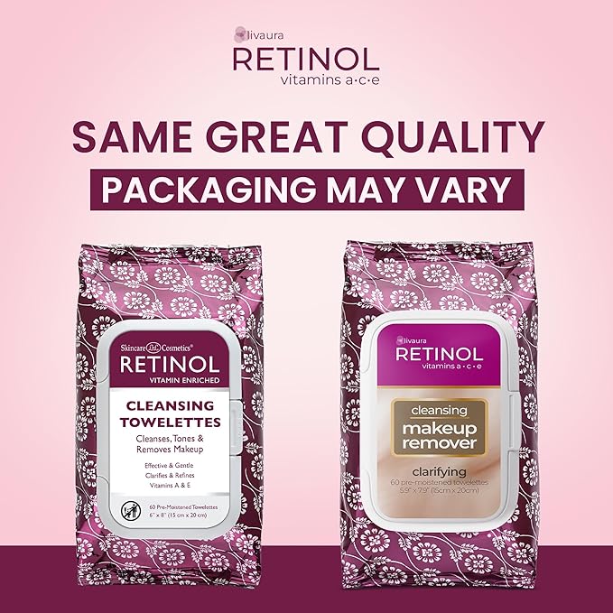 Retinol Anti-Aging Cleansing Towelettes – All-in-One Cleanser, Toner & Makeup Remover in a Convenient Pre-Moistened Wipe – On-The-Go Exfoliating, Toning & Hydrating Leaves Skin Clean, Fresh & Refined