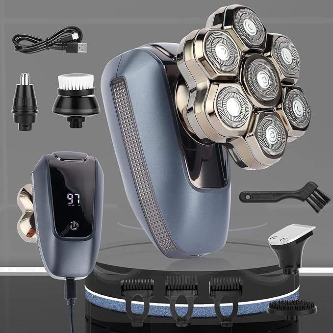 Head Shaver for Bald Men, 7D Electric Rotary Razor 5-in-1 Grooming Kit with Nose Hair Trimmer, Sideburn Clipper & Facial Brush, USB Rechargeable Wet & Dry IPX6 Waterproof Shaver with LED Display