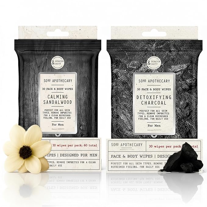 BLKSMITH Face & Body Wipes for Men - Travel Face & Body Wipes - Total 60 - Charcoal & Sandalwood Scent, Cool Gifts for Men 30x2 Wipe - Ideal for Gym, Office, or Outdoors, 2 Pack