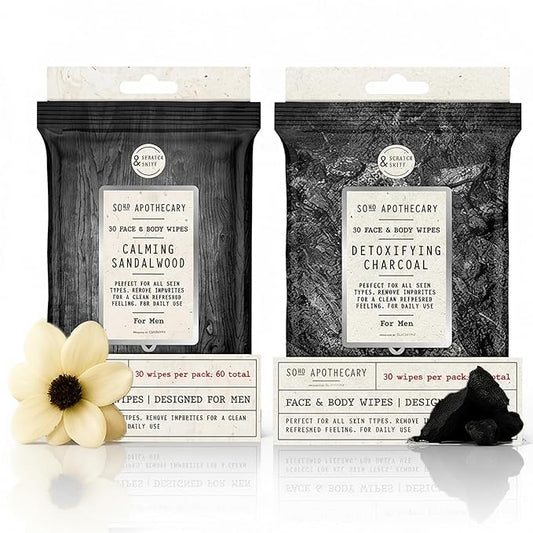 BLKSMITH Face & Body Wipes for Men - Travel Face & Body Wipes - Total 60 - Charcoal & Sandalwood Scent, Cool Gifts for Men 30x2 Wipe - Ideal for Gym, Office, or Outdoors, 2 Pack