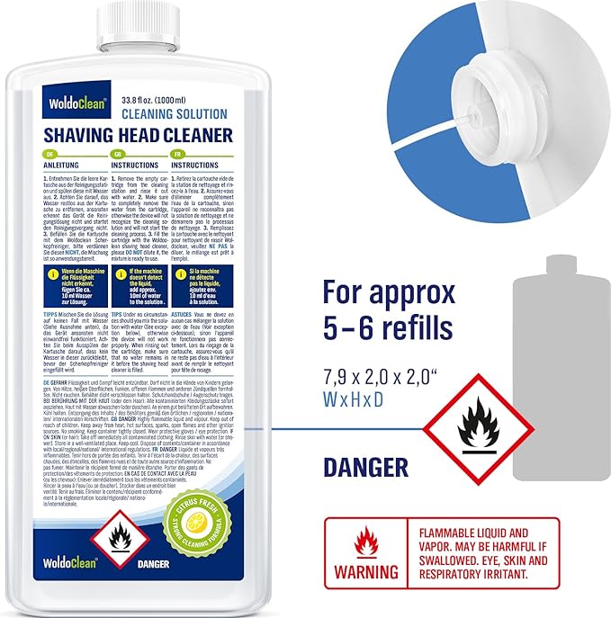 Shaver Cleaner Solution Replacement 33.8 oz - for Clean&Charge Cleaning, compatible with Braun CCR/SmartCare, Lemon Scent, 5–6 Uses