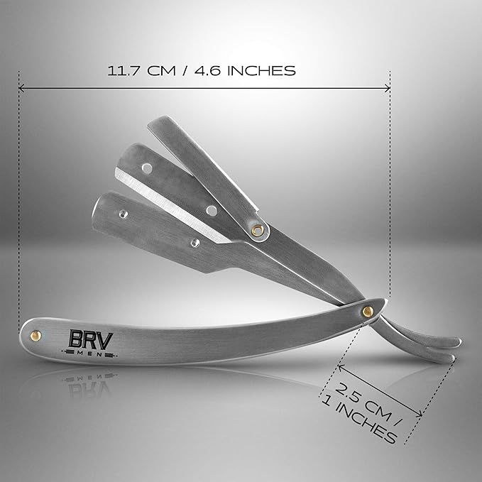 BRV MEN Professional Straight Edge Barber Razor w/ 100 Single Edge Razor Blades | Straight Razors for Men | Barbershop Accessories | Mens Shaving Knife & Shavette - Silver