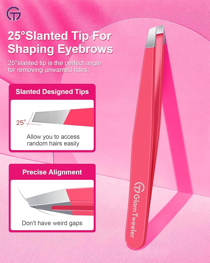 Expert Eyebrow Hair Removal Tweezer with Leather Case, GlamTweeler High Precision Slant Tip Stainless Steel Tweezers for Men and Women (Hot Pink)