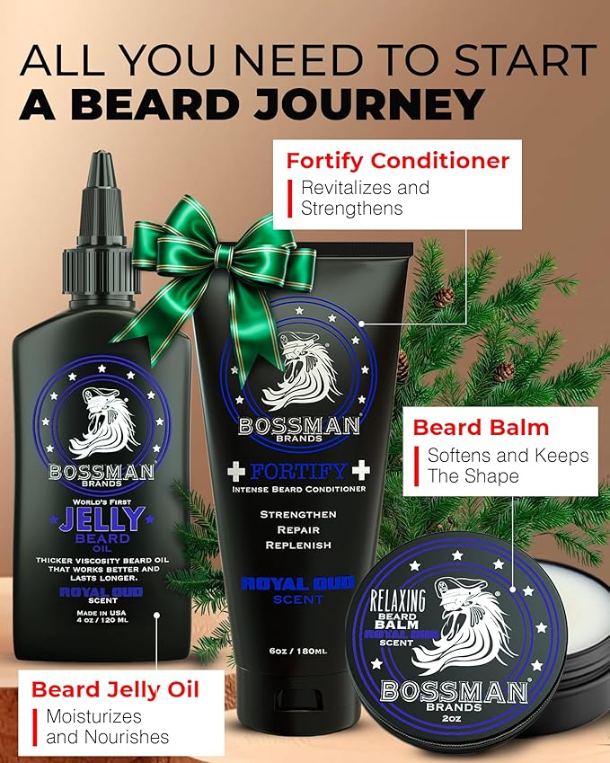 Bossman Essentials Beard Kit for Men, Set of 3 - Beard Oil Jelly, Fortifying Conditioner Cream, Beard Balm - Grooming Growth Care Accessories - Gift Set for Men (Naked - Unscented)