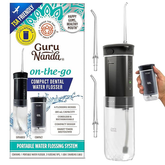 GuruNanda Compact Water Dental Flosser, Portable Travel Size Oral Irrigator Flosser with Collapsible 180 ml Tank, Smart Timer, 4 Flossing Modes, TSA-Friendly - Black