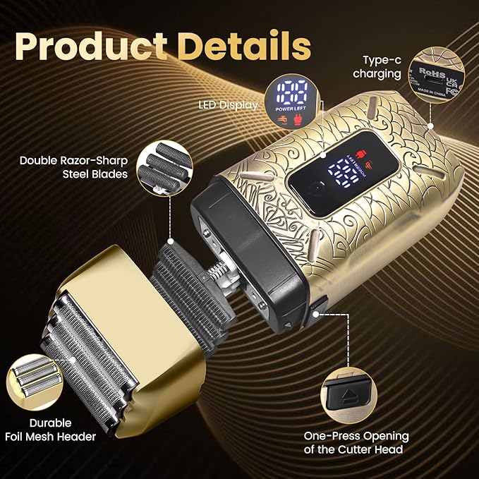 Foil Shavers for Men, Electric Razor with Triple Blades, LED Display, Cordless Rechargeable Shavers for Men, Men's Foil Shaver for Close Shave, Dry & Wet Shave