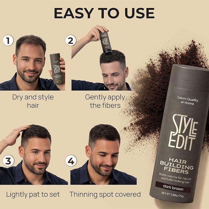 Style Edit Hair Building Fibers for Thinning Hair | Conceals Receding Hairlines, Fine Hair & Bald Spots for Fuller looking hair, 100% Plant-Based Thickening Powder for Men & Women, Dark Brown 0.88oz
