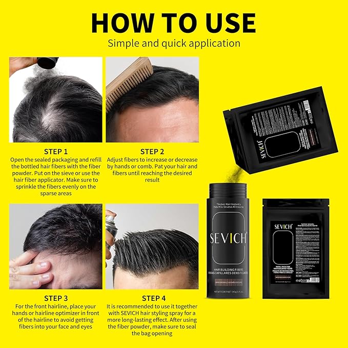 SEVICH Hair Fibers for Thinning Hair, Hair Building Fibers Instantly Thicker & Fuller Look,Hair Powder for Men & Women 100g Black