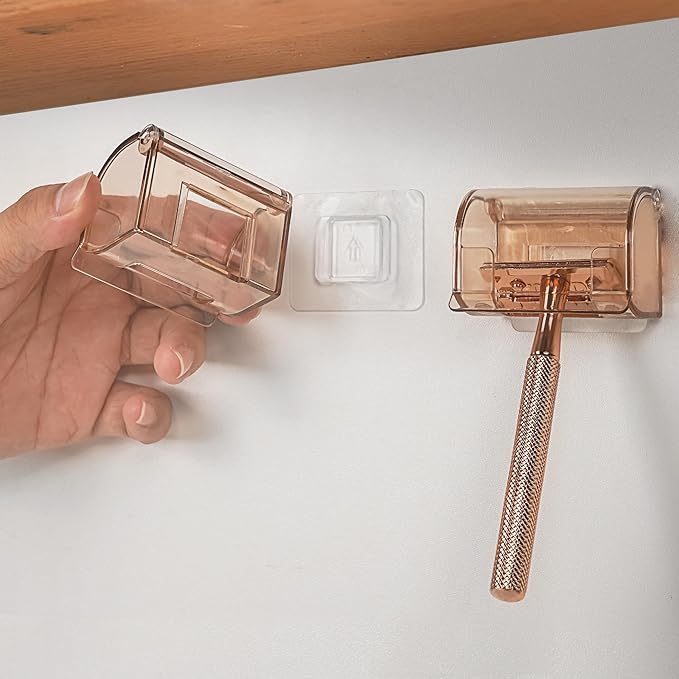 LUEXBOX 2 Pack Razor Holder with Cover for Shower Wall, Self Adhesive Razor Stand Shaver Organizer, Plastic Razor Hanger Hooks Compatible with Fusion 5 Proglide, Mach 3 Classic (Clear Brown)