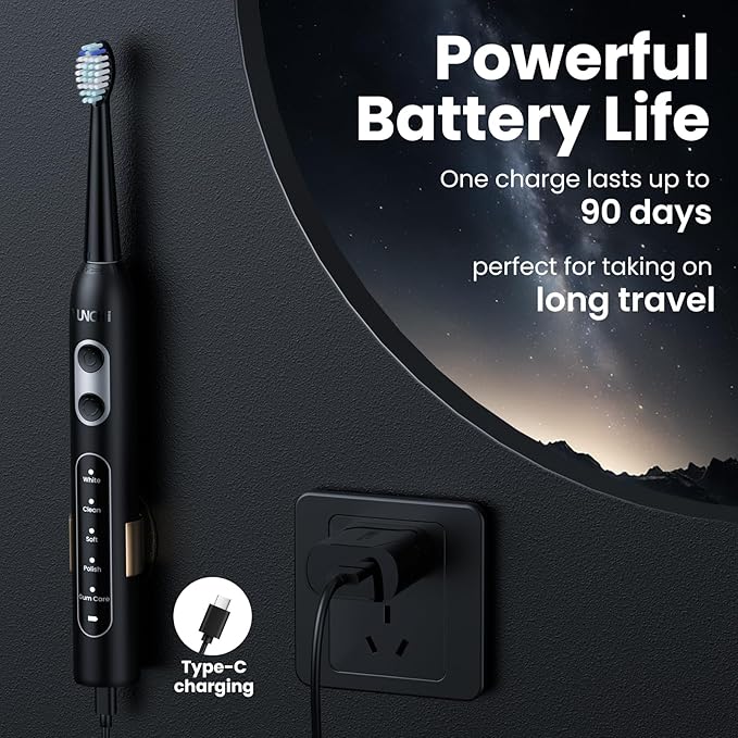 YUNCHI Electric Toothbrush for Adults, Kids Electric Toothbrush,Rechargeable Toothbrushes with 8 Brush Heads, Travel Case, 2 Min Timer, IPX7 Waterproof, 5 Modes, Black