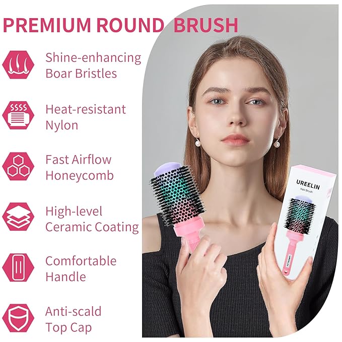 Round Brush for Blow Out - 2.1 Inch Large Nano Thermal Ceramic & Ionic with Boar Bristles - Salon Blow Drying Hair Brush for Drying,Volumizing, Curling, Shine & Smooth Styling