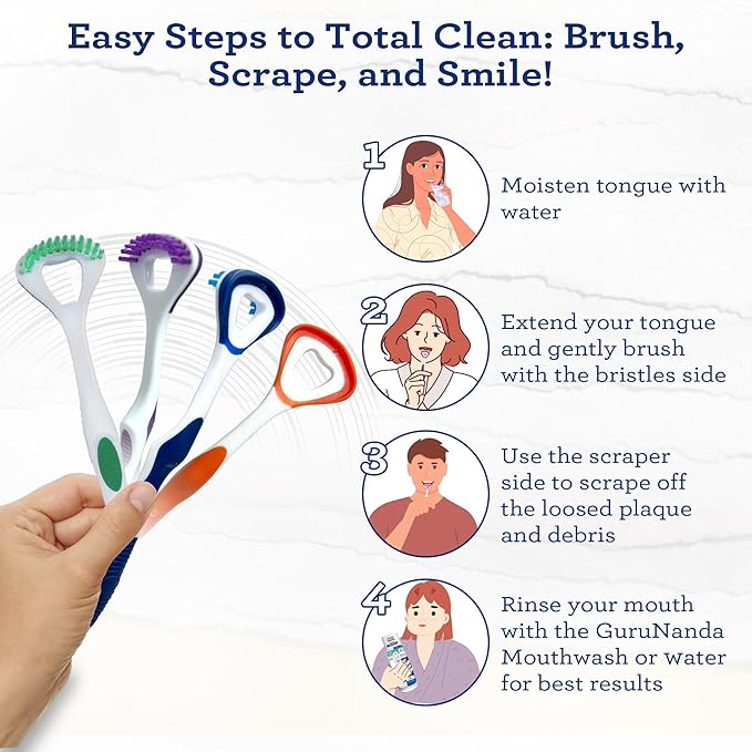 GuruNanda Dual Action Tongue Scraper, 2-in-1 Tongue Scraper & Soft Bristled Brush, Deep Cleans & Fights Bad Breath - Color Varies (Pack of 2)