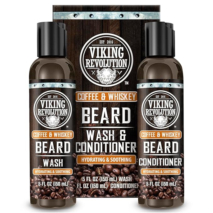 Viking Revolution Beard Wash and Beard Conditioner for Men with Argan Oil and Jojoba Oil- Beard Softener and Strengthener Beard Care Beard Shampoo and Conditioner with Ginseng Root(5oz,Coffee Whiskey)