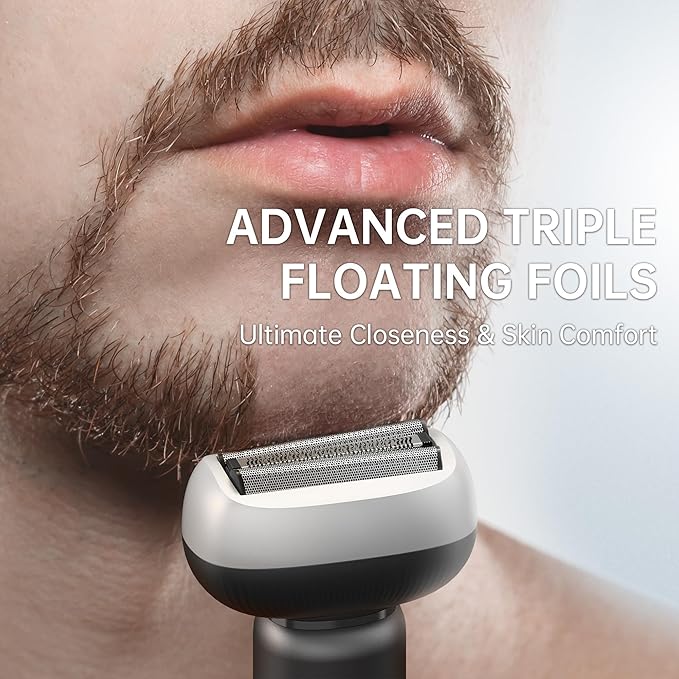 Electric Shaver for Men with Floating Arc 3-Blade, 9000 RPM, Magnetic Head, 1 Hour Fast Type-C Charging can Last for 60 Days, IPX7 Waterproof, Skin-Friendly Blade for Smooth Shaving, Black