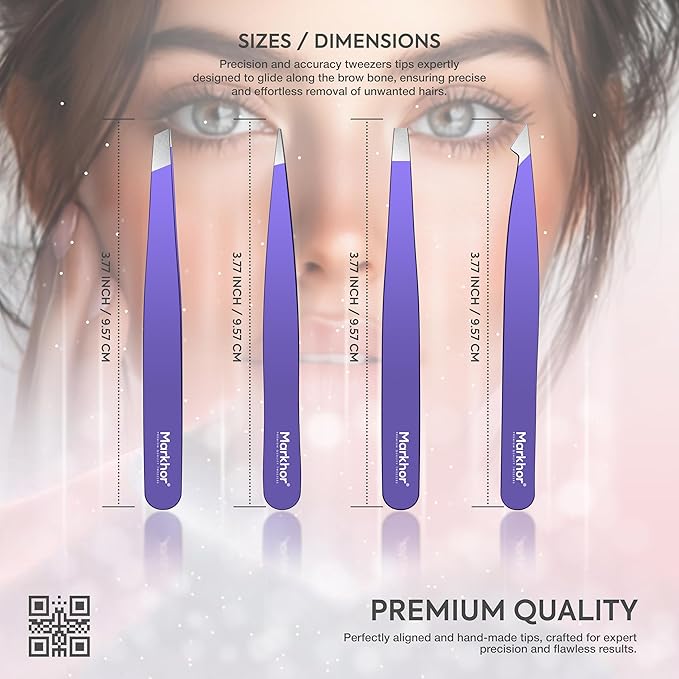 MARKHOR® Purple Petal Eyebrow Tweezers for Women Facial Hair, Splinter and Ingrown Hair Removal Tweezers Set, Professional Pointed and Slant Tweezers for Eyebrows, Precision Tweezers for Eyebrows