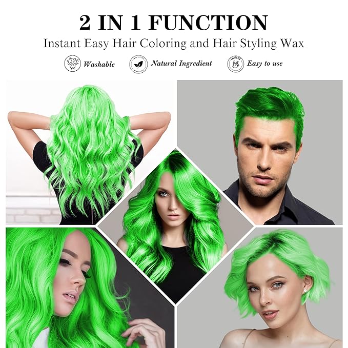 Temporary Green Hair Spray Color Wax with Dye Brush, Instant Natural Hairstyle Cream 4.23 oz, Disposable Coloring Mud for Men Women Youth, Washable Styling Pomades, Party Cosplay DIY Halloween