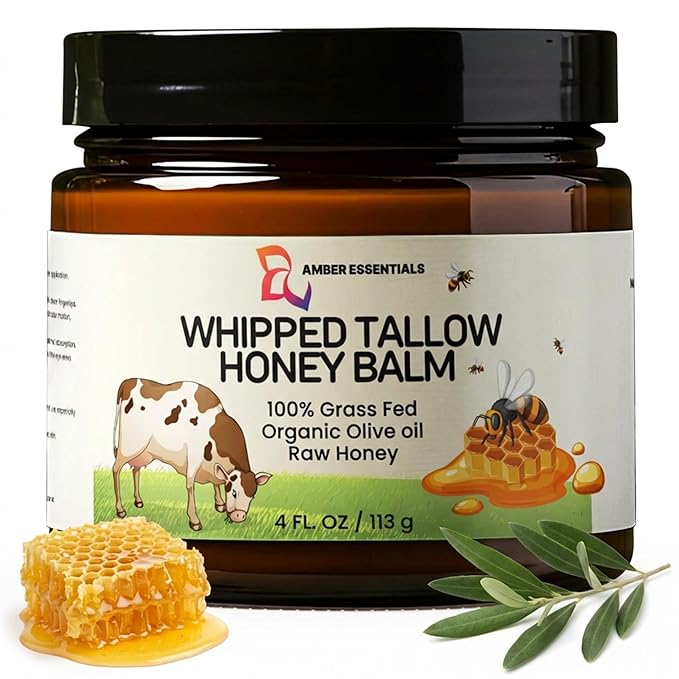 Beef Tallow & Honey Balm, All-Natural Moisturizer with Raw Honey & Olive Oil, Grass-Fed Tallow Cream for Face & Body, Deeply Nourishing Skin Care for Women & Men, Rich Moisture