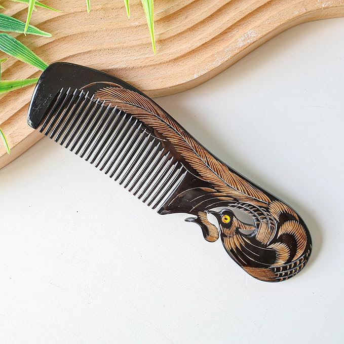 Symbol of Virtue and Grace, Natural Buffalo Horn Comb, Bone Ox Horn Anti Static for Hair, Horn Combs for Women Christmas's Gift (Phoenix)