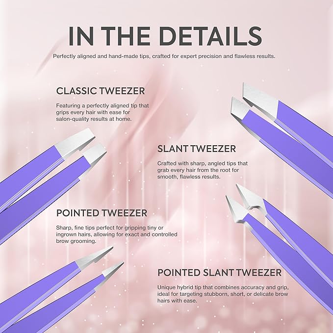 MARKHOR® Purple Petal Eyebrow Tweezers for Women Facial Hair, Splinter and Ingrown Hair Removal Tweezers Set, Professional Pointed and Slant Tweezers for Eyebrows, Precision Tweezers for Eyebrows