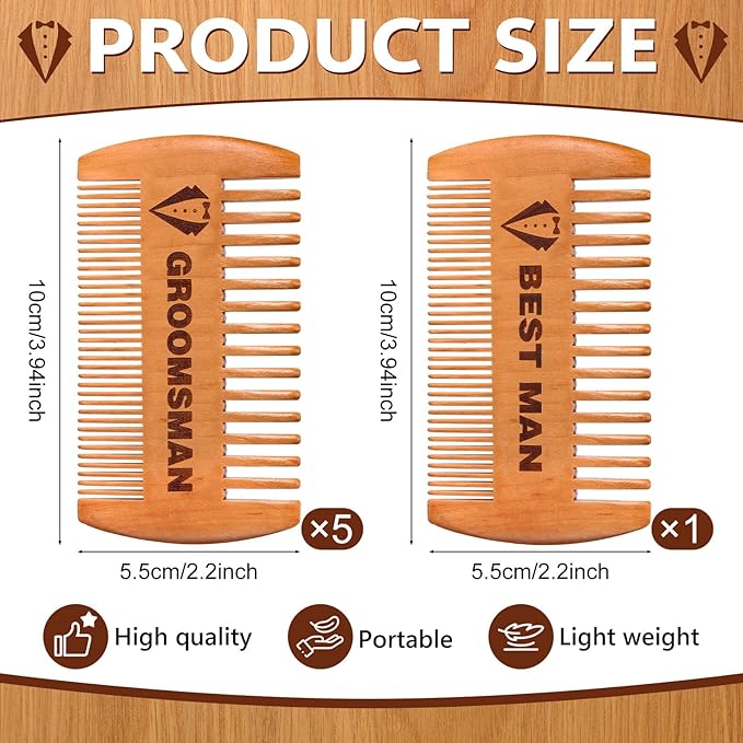 6 Pcs Groomsmen Gifts Wooden Beard Comb for Men Including 1 Best Man and Set of 5 Groomsman Comb Grooming Detangling Tool for Hair & Mustache Wedding Best Man Party Favor Gift