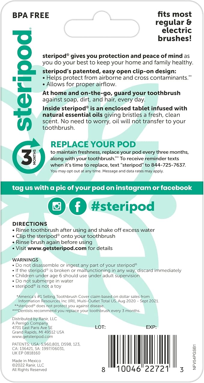 Steripod Clip-On Toothbrush Protector with Orange Essential Oils, Keeps Toothbrush Fresh and Clean, Fits Most Manual and Electric Toothbrushes,2 Count (Pack of 1)