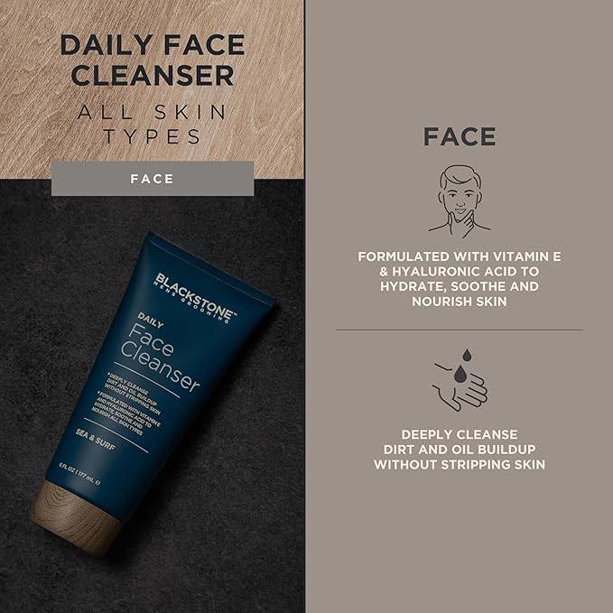 Blackstone Men's Grooming Daily Face Cleanser - Deep Cleanse & Nourish with Hyaluronic Acid, Aloe Vera and Vitamin E | Hydrate - Sea & Surf (6 Fl Oz)