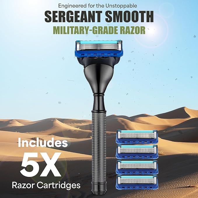 Duty & Dapper | Sergeant Smooth 5 Blade Razor With Lubricating Strip and Exfoliating Strip | Heavy Duty Tough Military Grade Shaving Razors and Accessories For Men