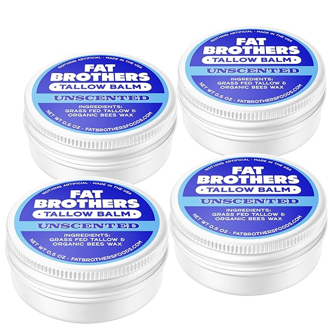 Tallow Balm – 2-Ingredient (Beef Tallow + Organic Beeswax), Unscented, .5 oz Metal Tin (3X Larger Than Standard Tubes), Pure, Petroleum-Free, Ultra-Moisturizing - 4 pack