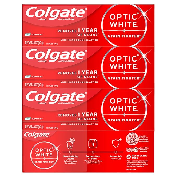 Colgate Optic White Stain Fighter Clean Mint Paste Teeth Whitening Toothpaste, 4 Pack, Anticavity Toothpaste with Fluoride, Enamel Safe Teeth Stain Remover, 3.8 OZ