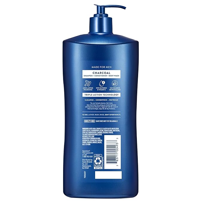 Suave Men Deep Cleansing 3 in 1 Shampoo, Conditioner & Body Wash with Charcoal Powder, Detoxifies & Cleanses Hair & Skin, Removes Oil & Impurities, 4 Count, 40 FL OZ Pump
