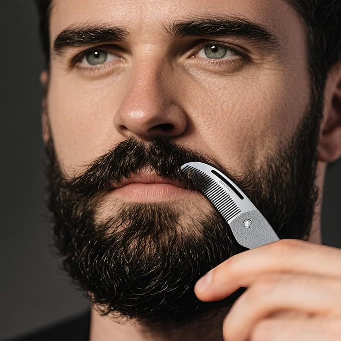 2PCs Folding Mustache Comb, Metal Beard Comb for men Pocket Mini Portable Fits In Keychain Anti-Static