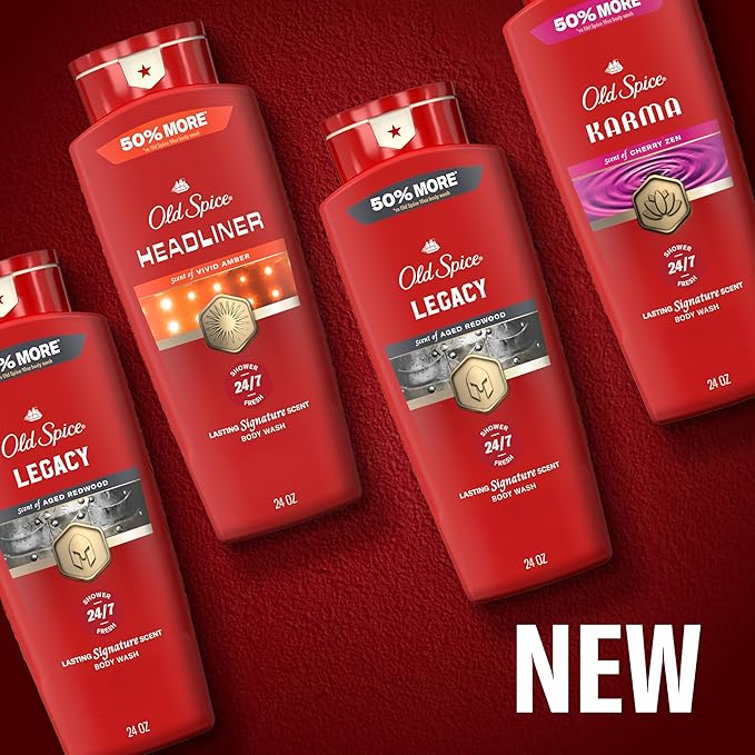 Old Spice Body Wash for Men, 24/7 Shower Fresh & Clean with Daily Use, Lasting Signature Scent, Refreshing Lather, Moisturizing Formula, Headliner with Black Currant, Leather, & Amber Scent, 24 oz