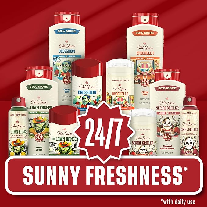 Old Spice Body Wash for Men, Summerdudes, 24/7 Shower Fresh with Daily Use, Long Lasting Scent, Cleanse & Refresh Skin, VIP Festival Experience, Serial Griller with Charred Marshmallow Scent, 24 oz