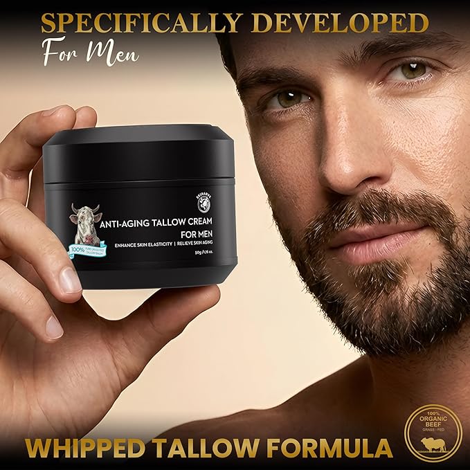 Wrinkle Defense Beef Tallow Balm for Men, Tallow Balm for Skin - Moisturizer for Face - Hydrating Anti Aging Skin Cream - Natural Facial Skincare Lotion with Essential Oils (1.7 OZ)